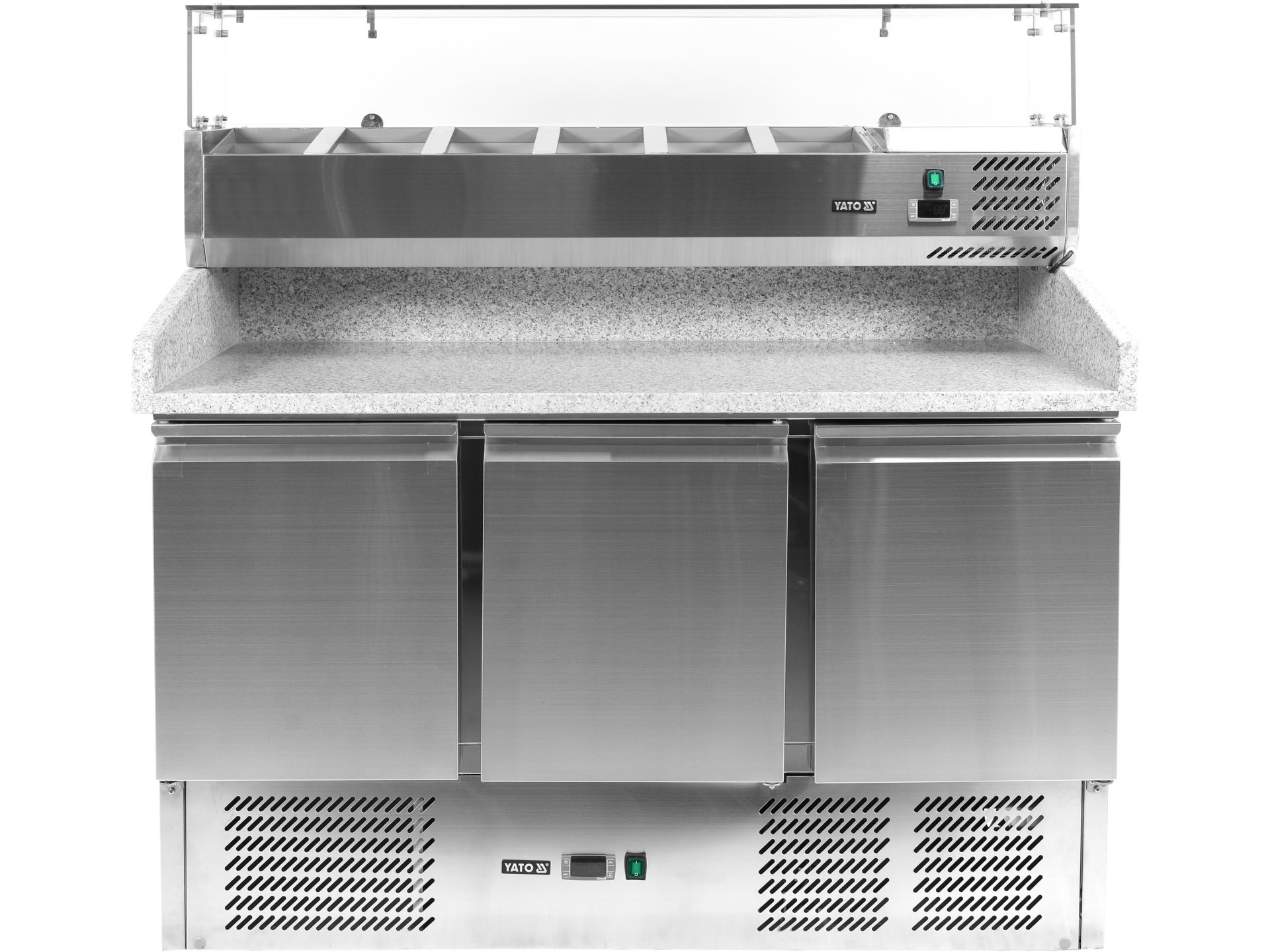 Refrigerated pizza counter with granite worktop and glass top