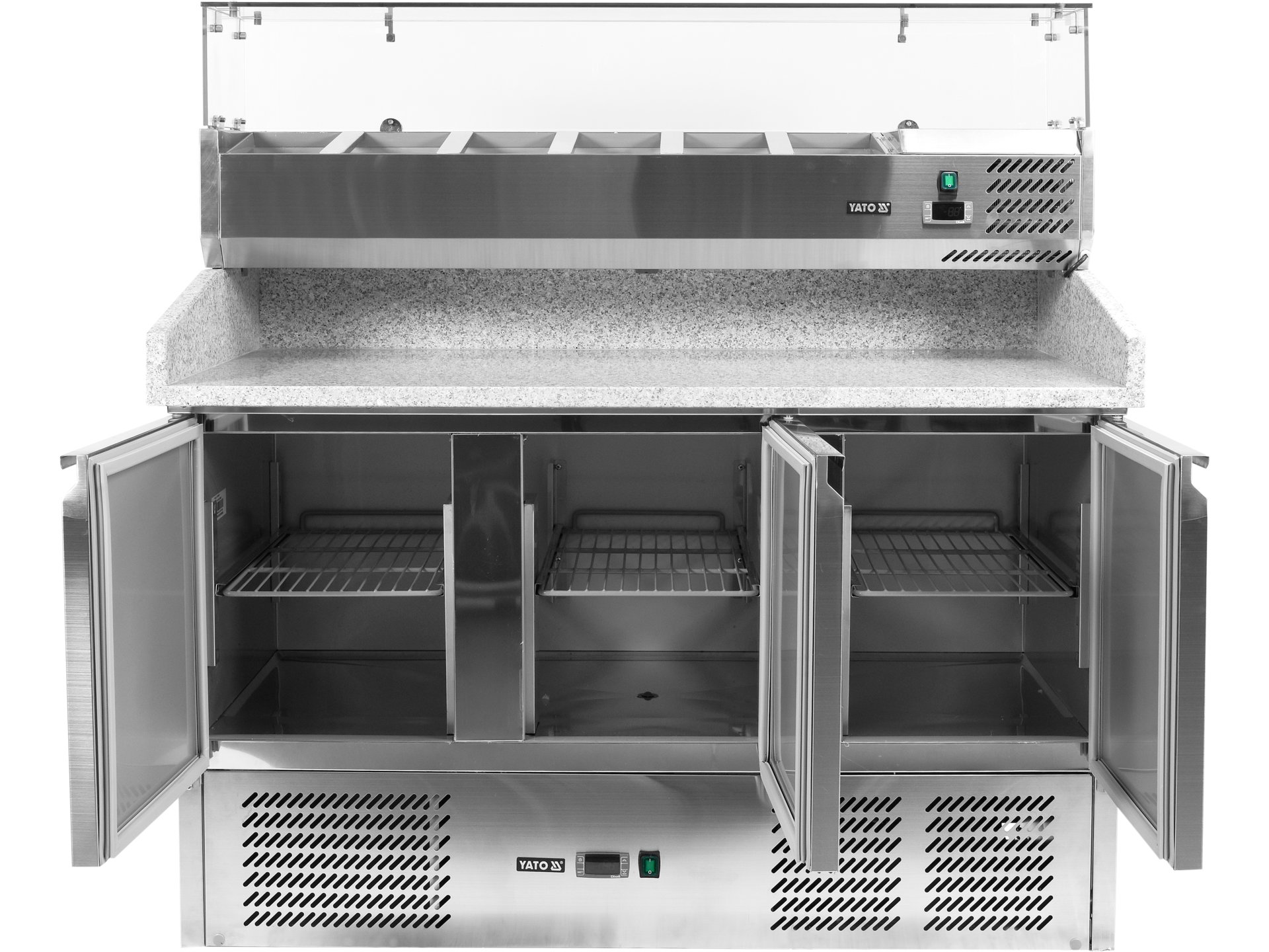 Refrigerated pizza counter with granite worktop and glass top