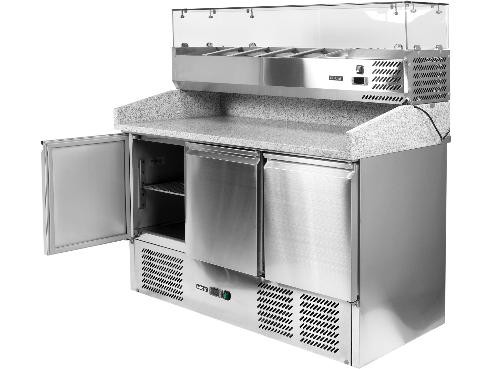 Refrigerated pizza counter with granite worktop and glass top