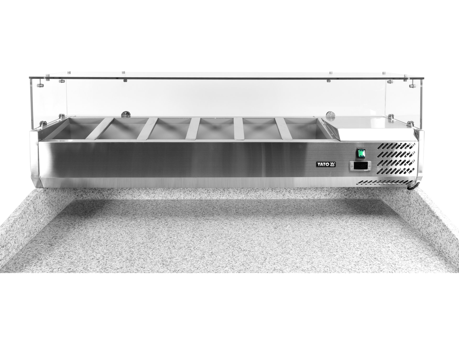 Refrigerated pizza counter with granite worktop and glass top