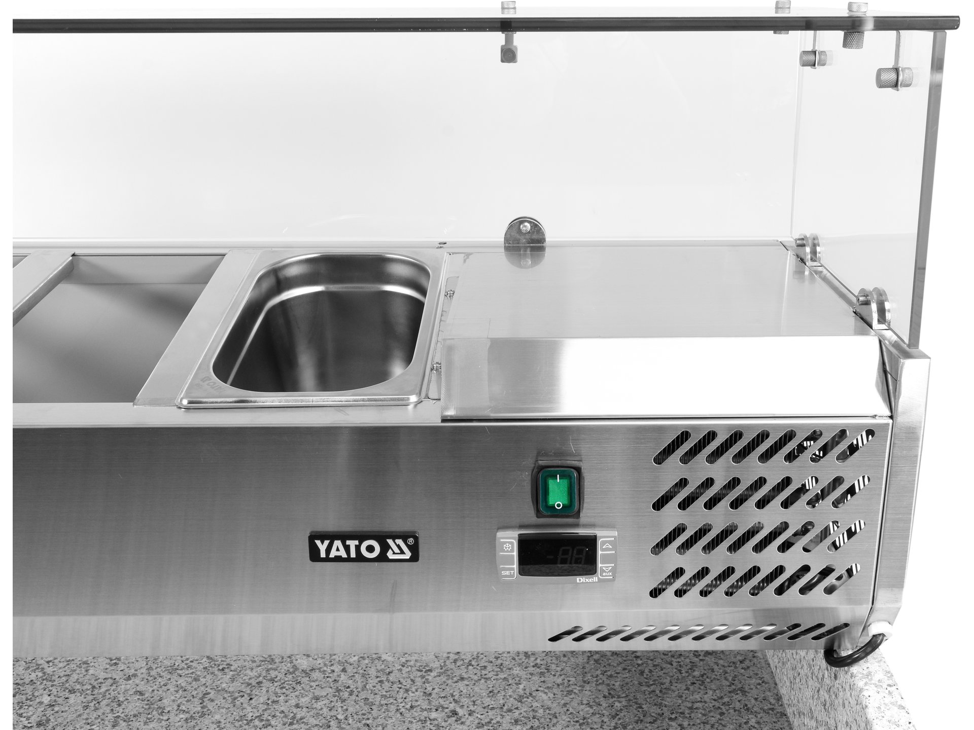 Refrigerated pizza counter with granite worktop and glass top